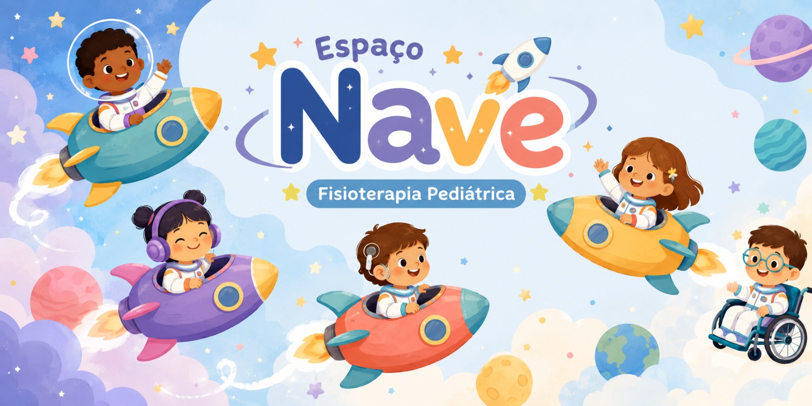 Ilustração da Nave: crianças astronautas em foguetes, inclusive quem usa cadeira de rodas