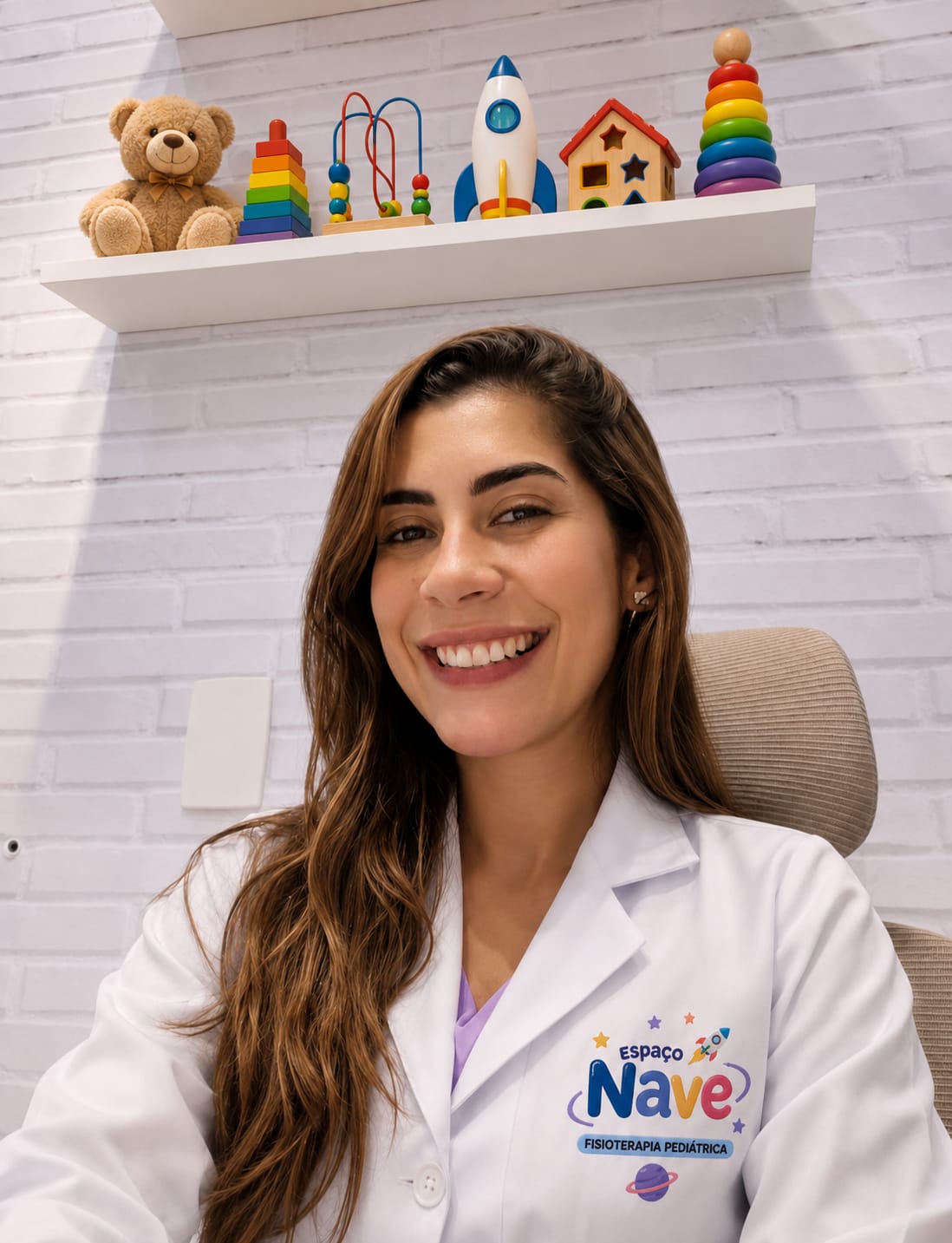 Mayara Leite, fisioterapeuta, de jaleco no consultório